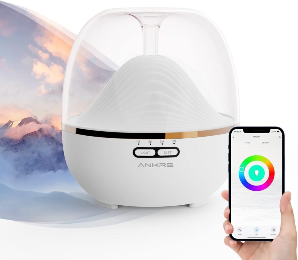 Ankrs Smart WiFi Essential Oil 600ml Air Diffuser  Humidifier Compatible with Alexa/Google Home, Mountain Scent Diffuser with Multicolor LED, Timer for Bedroom Large Room  Home-Snow White