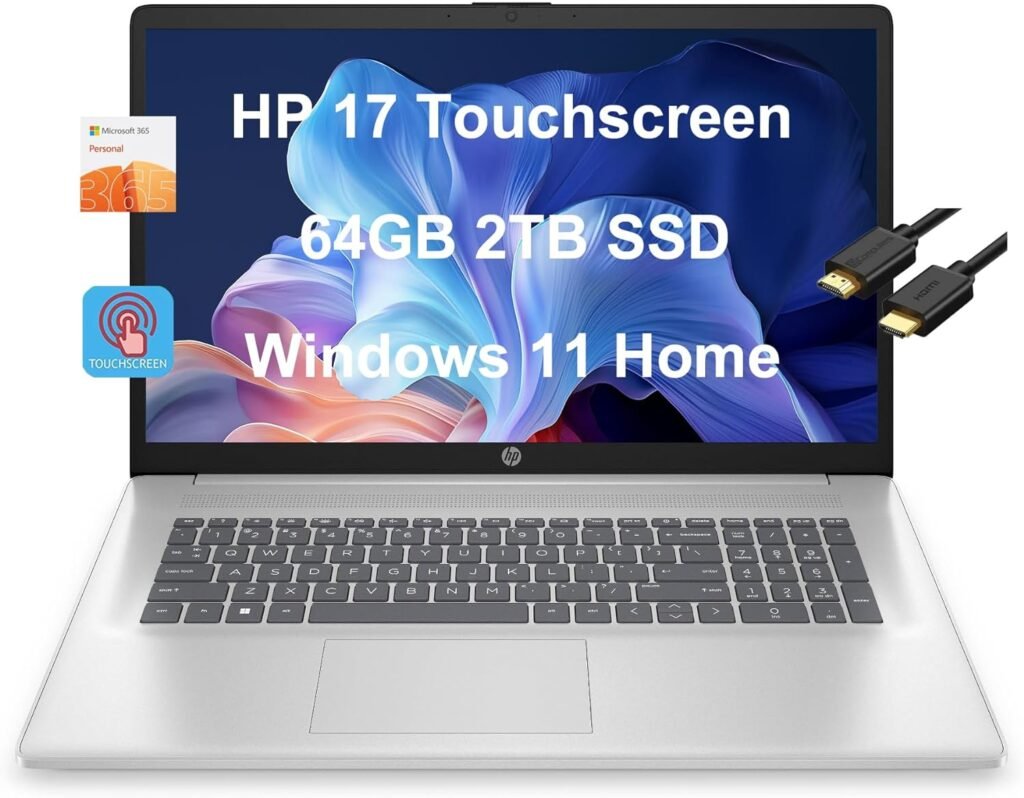 HP 17 Laptop (17.3 HD+ Touchscreen, Intel Pentium N5030, 32GB RAM, 2TB SSD, UHD Graphics) Home  Business, 1-Year Office 365, Long Battery Life, Webcam, Numpad, IST HDMI, Win 11 Home, Silver, 2024