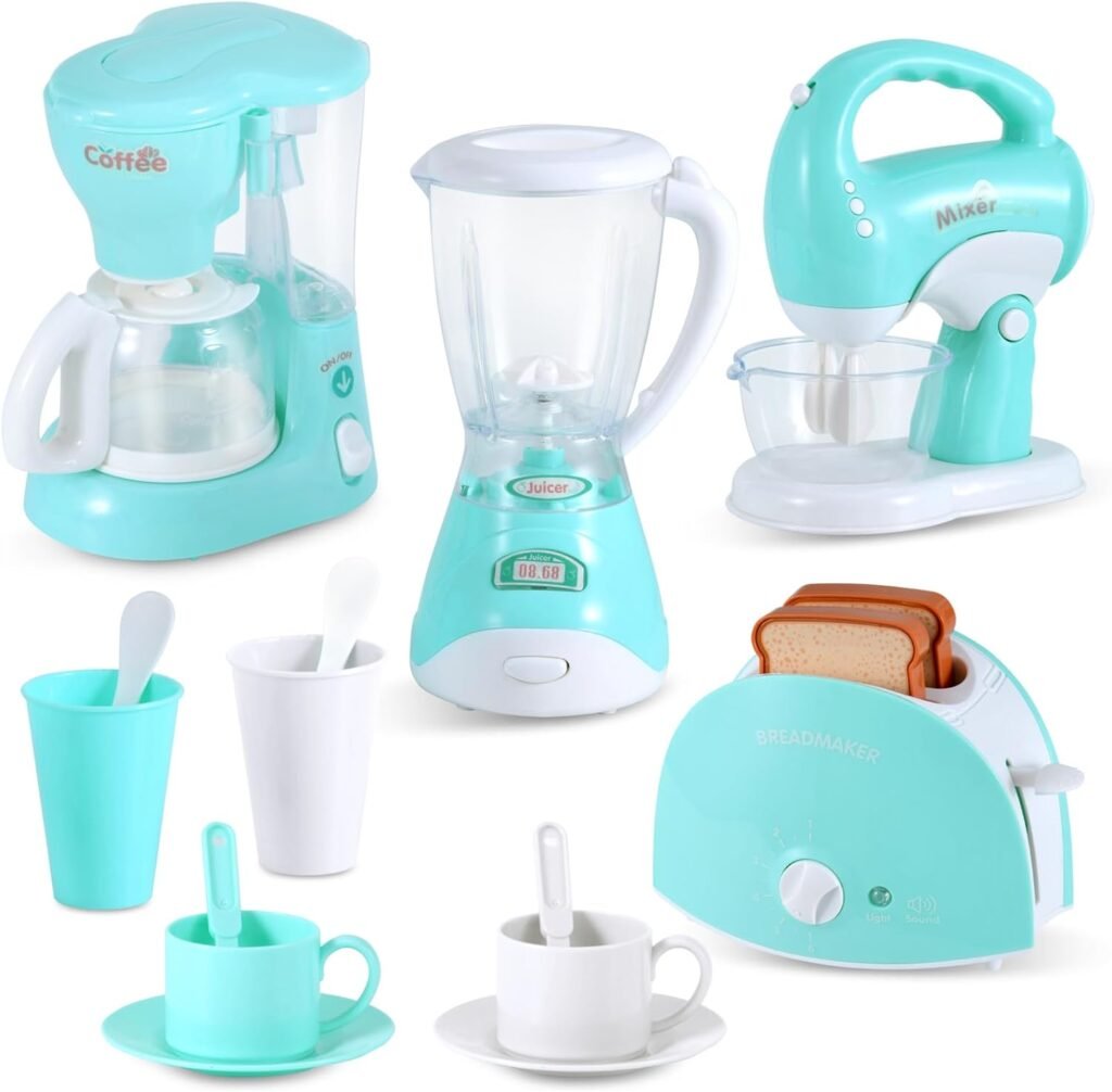 Kitchen Appliances Toys, Play Kitchen Accessories Set for Kids, Pretend Kitchen Toys, Coffee Maker, Mixer, Toaster with Realistic Light and Sounds, Play Kitchen Set for Kids Ages 3+ (Green)