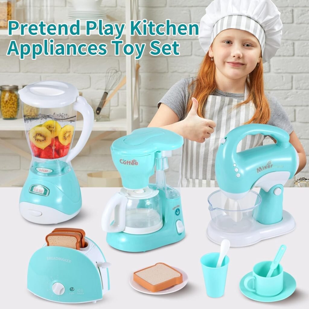 Kitchen Appliances Toys, Play Kitchen Accessories Set for Kids, Pretend Kitchen Toys, Coffee Maker, Mixer, Toaster with Realistic Light and Sounds, Play Kitchen Set for Kids Ages 3+ (Green)