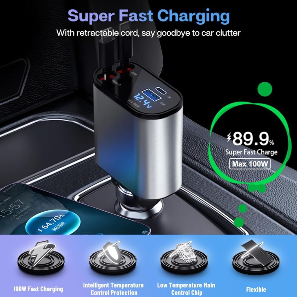 Retractable Car Charger with 100W, 4 in 1 Car Fast Charger for iPhone and Type C, Retractable Cables (31.5 inch) and 2 Charging Ports, Compatible with iPhone 15/14/13/12 Pro Max XR,iPad,Samsung,Pixel