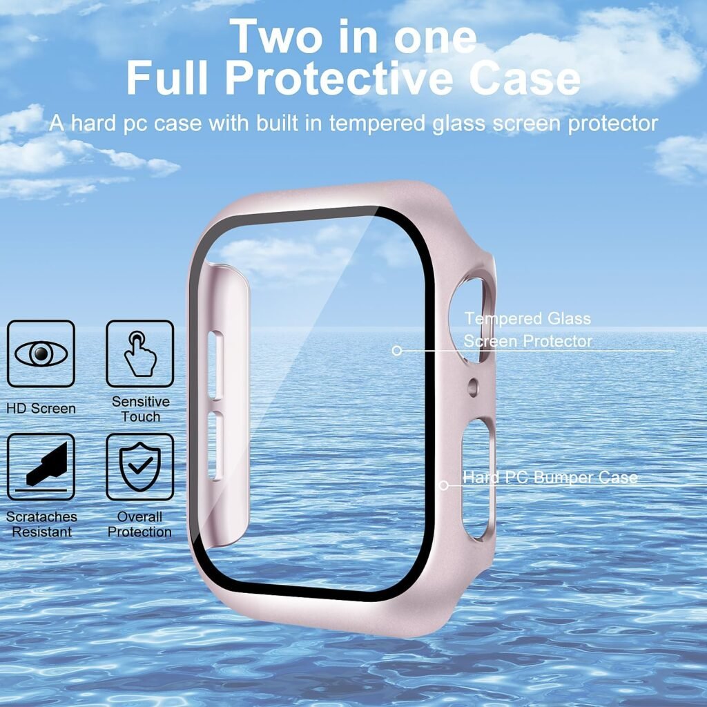 Smiling 2 Pack Case Built in Tempered Glass Screen Protector Compatible with Apple Watch SE 3 /Series 6/ SE 2/Series 5/Series 4 44mm, Hard PC Case Overall Protective Cover- 1 Black + 1 Transparent