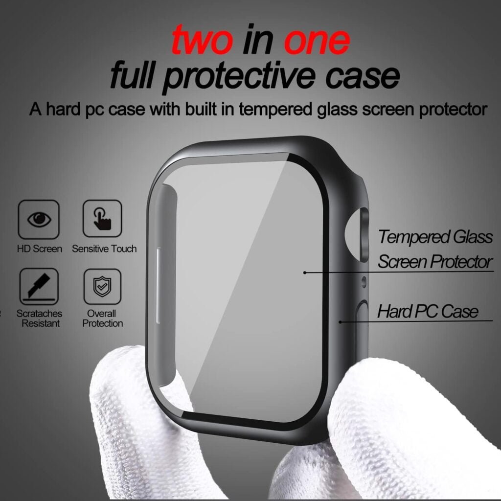 Smiling 2 Pack Case Built in Tempered Glass Screen Protector Compatible with Apple Watch SE 3 /Series 6/ SE 2/Series 5/Series 4 44mm, Hard PC Case Overall Protective Cover- 1 Black + 1 Transparent