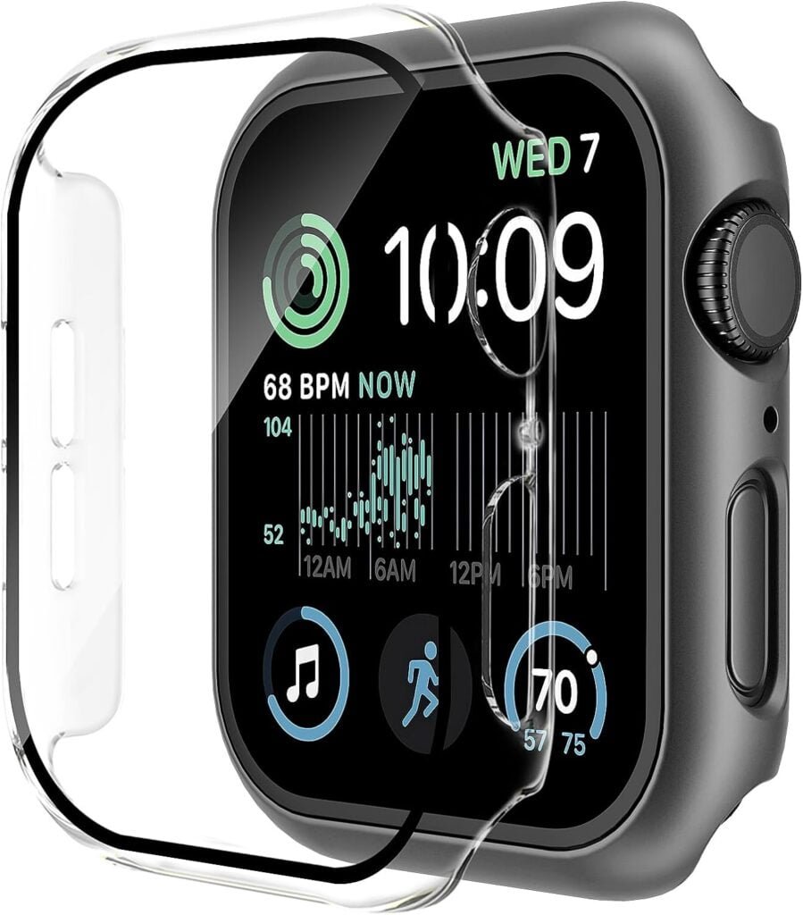 Smiling 2 Pack Case Built in Tempered Glass Screen Protector Compatible with Apple Watch SE 3 /Series 6/ SE 2/Series 5/Series 4 44mm, Hard PC Case Overall Protective Cover- 1 Black + 1 Transparent