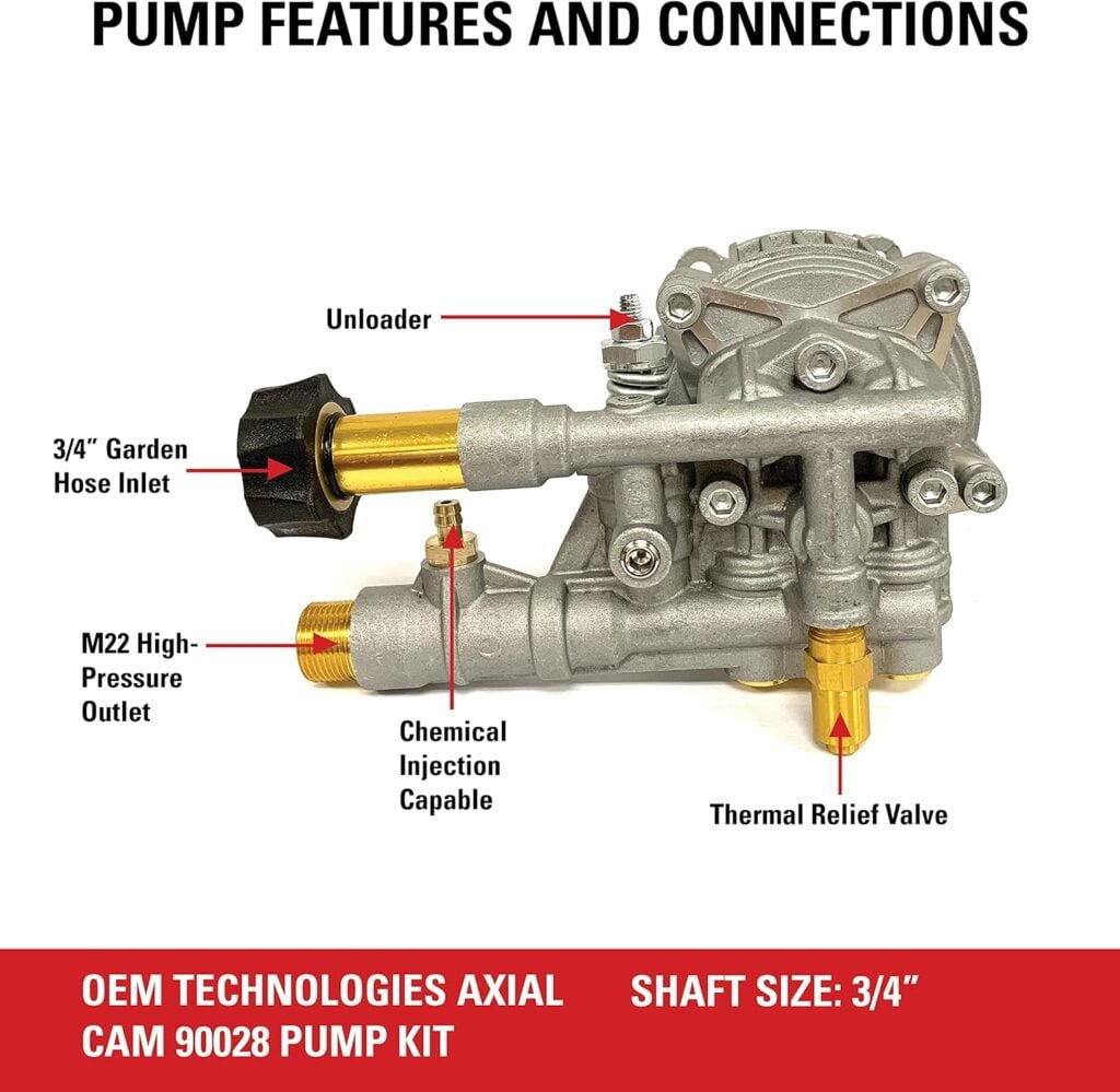 90028 Horizontal Axial Cam Replacement Pressure Washer Pump Kit, 3300 PSI, 2.4 GPM, 3/4 Shaft, Includes Hardware and Siphon Tube, for Residential and Industrial Gas Powered Machines, Silver