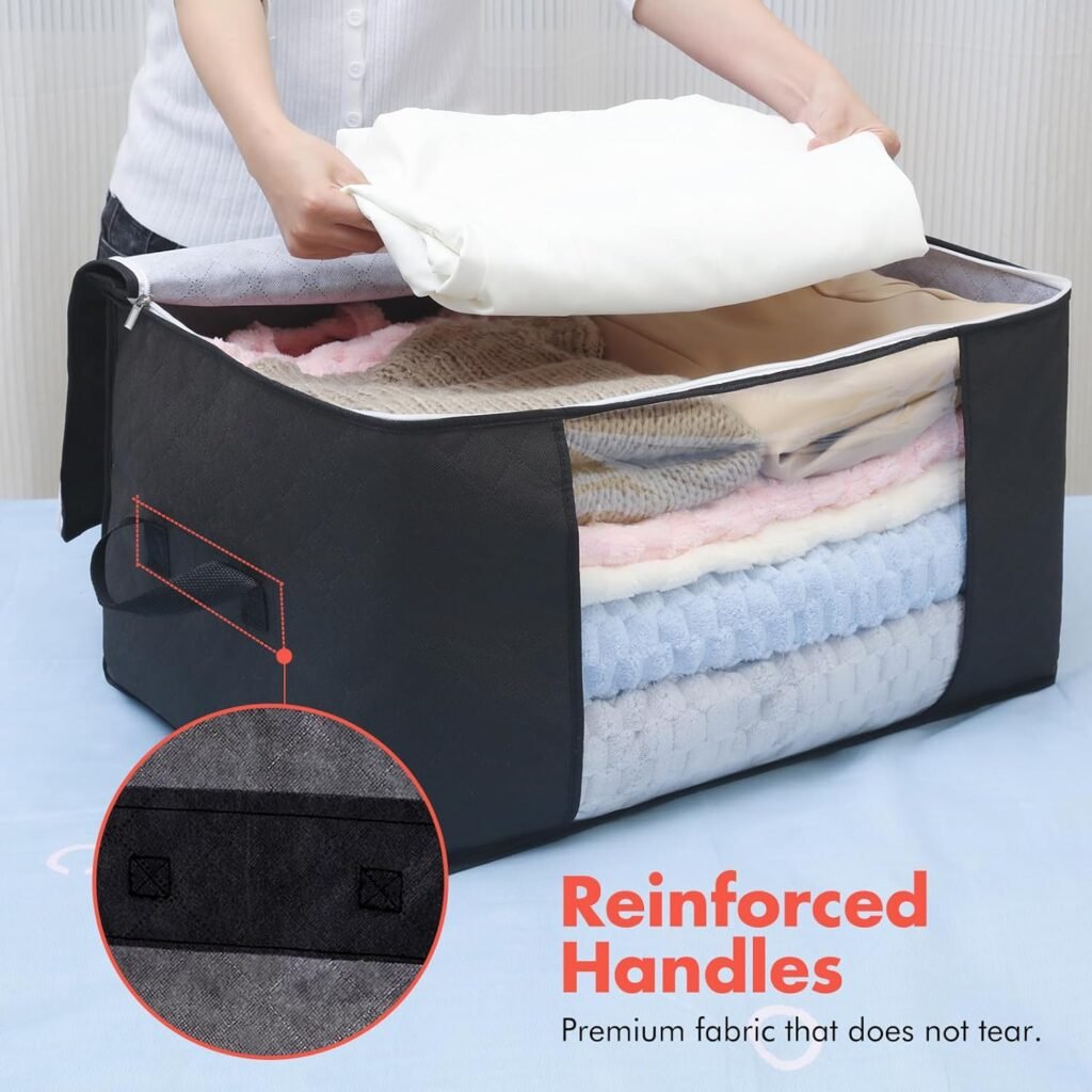 90L Large Storage Bags for Clothes and Blanket, Pack of 2 Clothes Foldable Storage Bins, Foldable Blanket Clothing Storage Containers with Lids and Durable Handles and Zipper for Closet (Black)