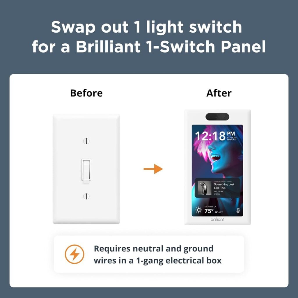 Brilliant Smart Home Control (1-Switch Panel) — Alexa Built-In  Compatible with Ring, Sonos, Hue, Google Nest, Wemo, SmartThings, Apple HomeKit — In-Wall Touchscreen Control for Lights, Music,  More