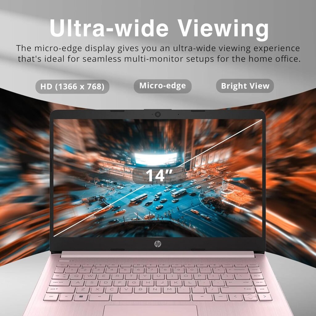 HP Premium Stream 14 HD BrightView Laptop, Intel Celeron N4120, 16GB RAM, 64GB eMMC Storage, UHD Graphics, HD Webcam, 1 Year Office 365, Bluetooth, WiFi, HDMI, Win 11s, Pink, 32GB Hotface USB Card