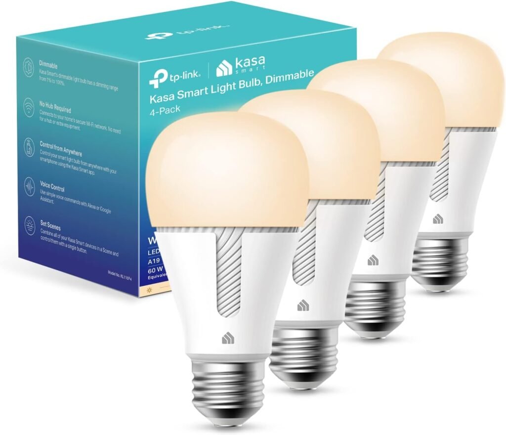 Kasa Smart Light Bulbs that works with Alexa and Google Home, Dimmable Smart LED Bulb, A19, 9W, 800Lumens, Soft White(2700K), CRI≥90, WiFi 2.4Ghz only, No Hub Required, 4 Count (Pack of 1)(KL110P4)