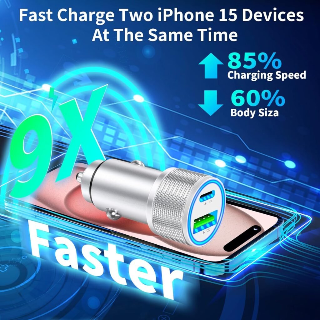 [Apple MFi Certified] iPhone USB-C Fast Car Charger, KYOHAYA 60W Dual Type-C Power Car Rapid Charger Adapter + 2Pack 6FT Coiled Lightning Cord Quick Charging for iPhone 14 13 12 11 Pro/XS/XR/X/SE/iPad