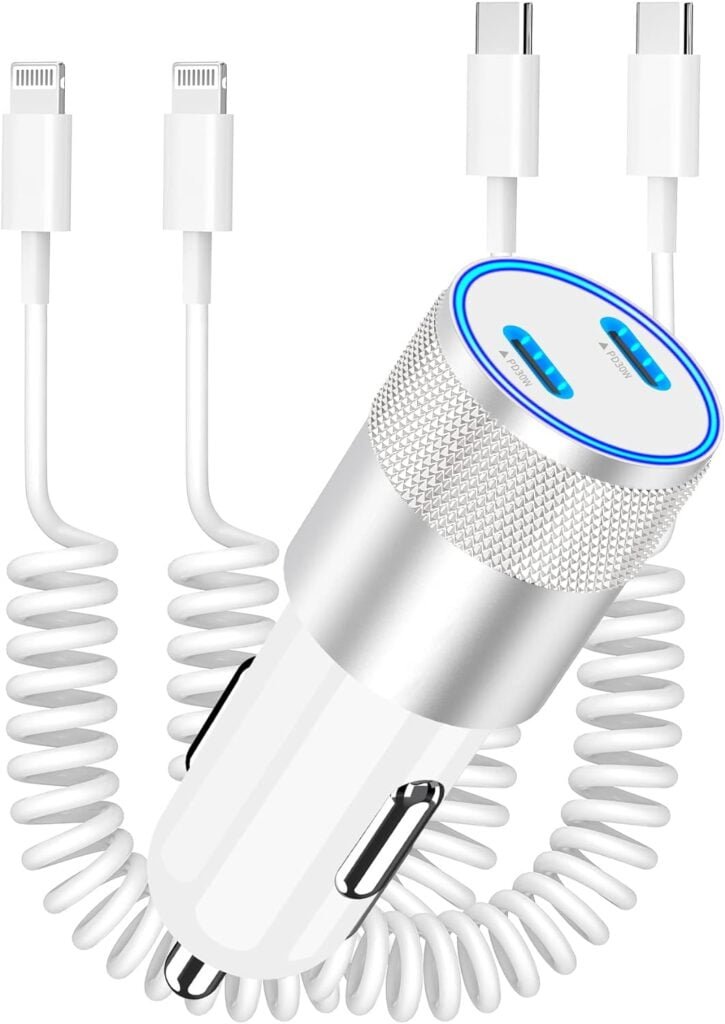 [Apple MFi Certified] iPhone USB-C Fast Car Charger, KYOHAYA 60W Dual Type-C Power Car Rapid Charger Adapter + 2Pack 6FT Coiled Lightning Cord Quick Charging for iPhone 14 13 12 11 Pro/XS/XR/X/SE/iPad