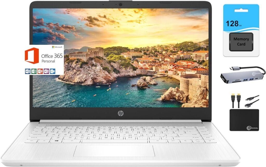 HP Newest 14 HD Light Thin Laptop Student Business, Quad-Core Intel N4120, 8GB RAM, 192GB (64GB eMMC+ 128GB SD), Webcam, Wi-Fi, Long Battery, Windows 11S + 1 Year Office 365, White+MarxsolAccessory